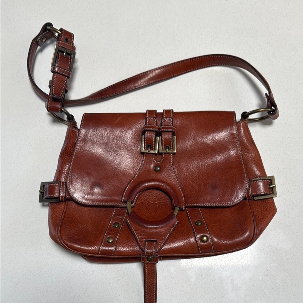Frye Brown Leather Shoulder Bag with Brass Hardware - 12” x 8” beautiful bag.